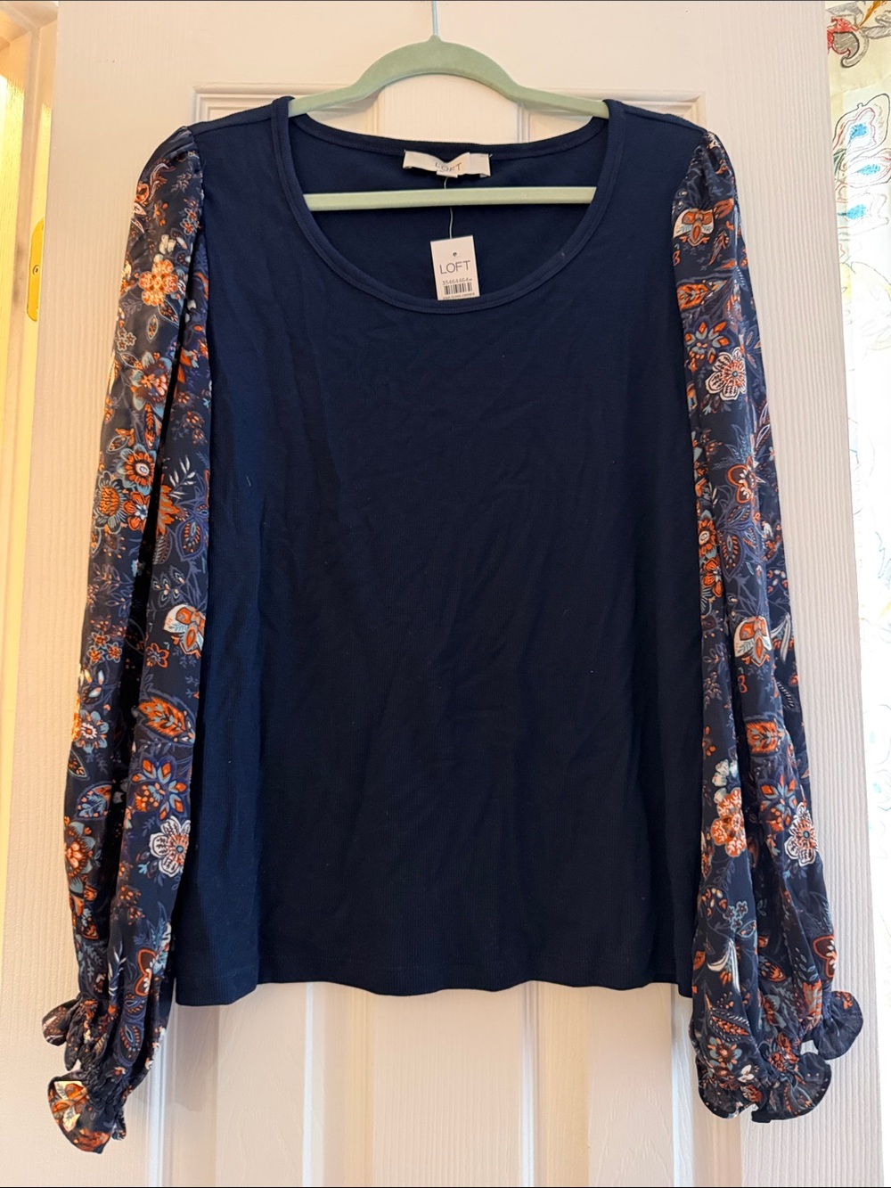 LOFT Navy Scoop Neck Top with Floral Balloon Sleeves